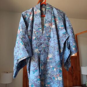 Floral Blue Kimono Robe Wool